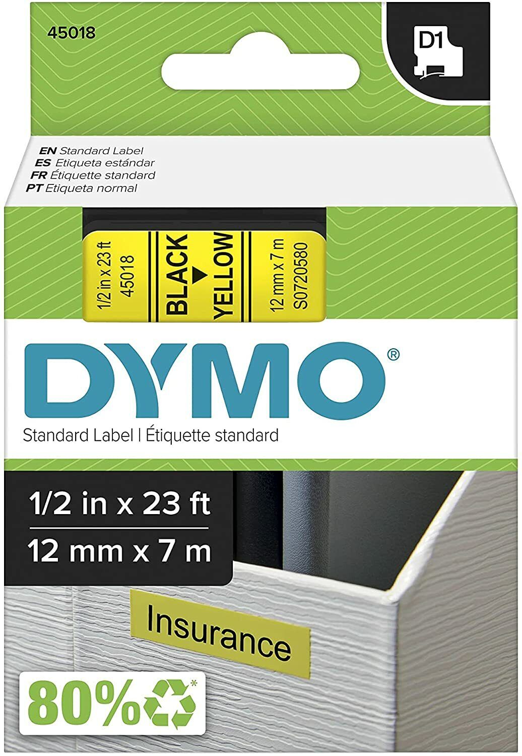 Cinta de etiquetado estándar D1 45018 (impresión negra en cinta amarilla, 1/2"" con x 23 L