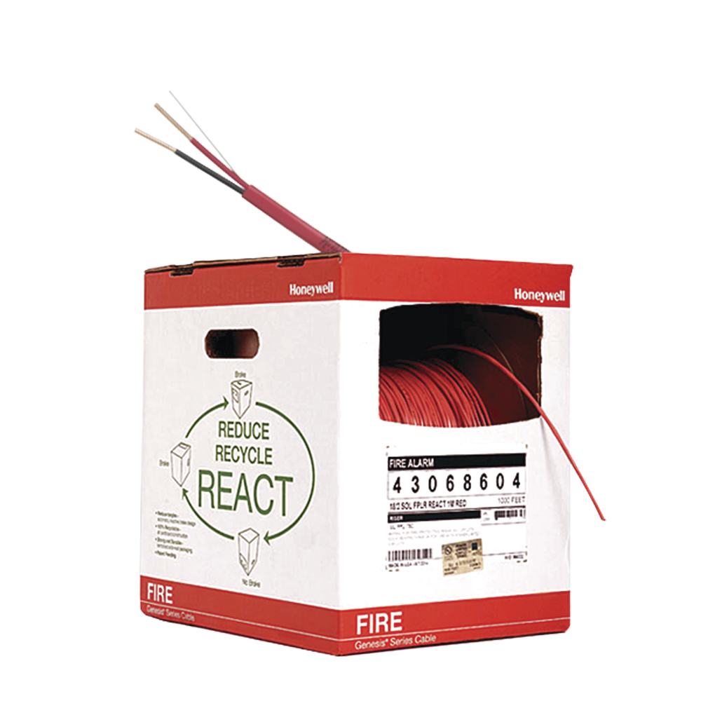 Bobina de 305 metros de alambre  calibre 16 AWG  en 2 hilos, caja REACT, tipo FPLP-CL2P, resistente al fuego, color rojo, para sistemas contra incendio o sistemas de evacuación.