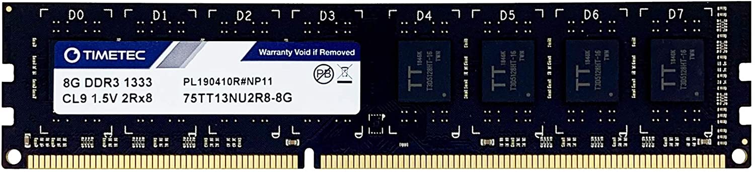 Timetec 8GB DDR3 1333MHz PC3-10600 Non-ECC Unbuffered 1.5V CL9 2Rx8 Dual Rank 240 Pin UDIMM.