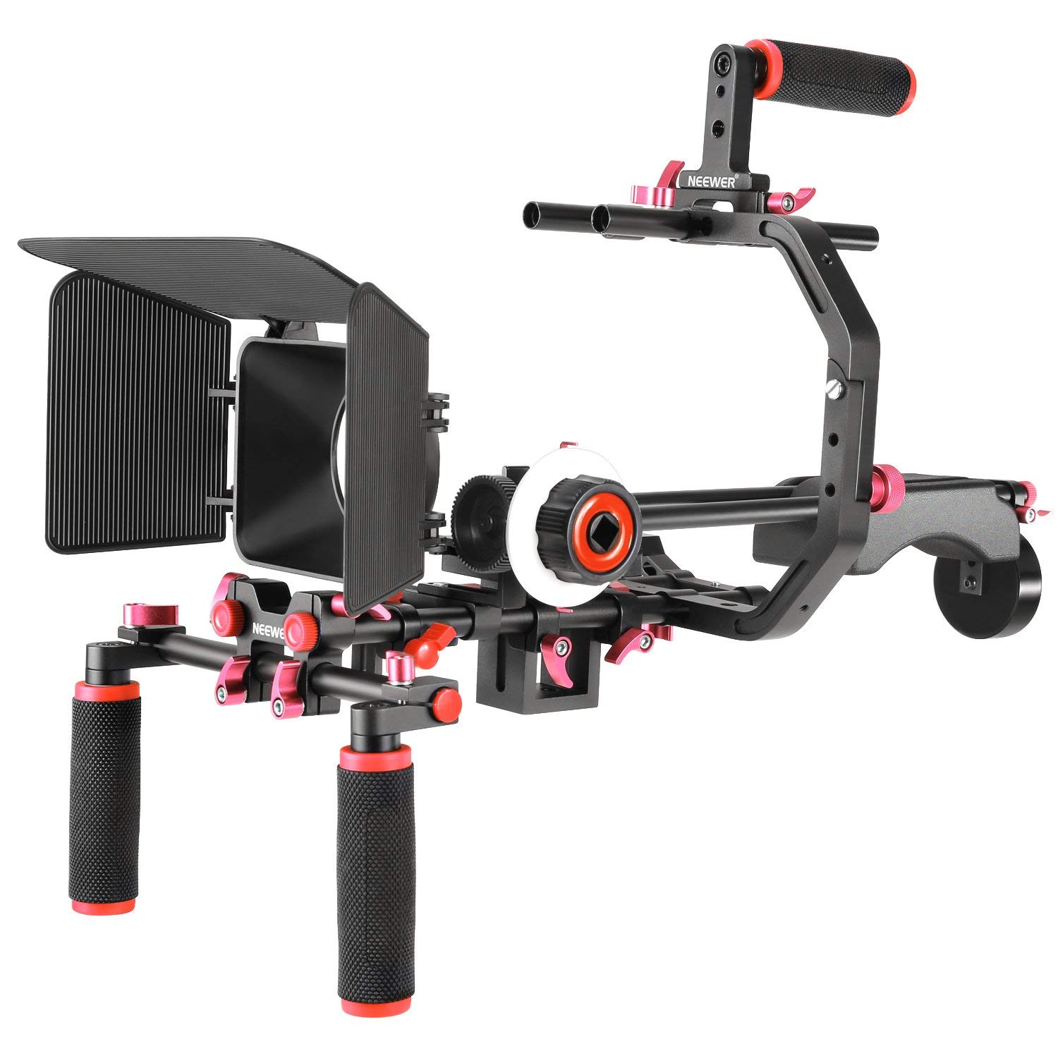 Neewer Video System Making Film Kit for Canon Nikon Sony and other digital reflex cameras Video Camcorders includes c-shaped Bracket handle 15 mm Rod Matte Box Follow Focus Shoulder Rig Red plus Black