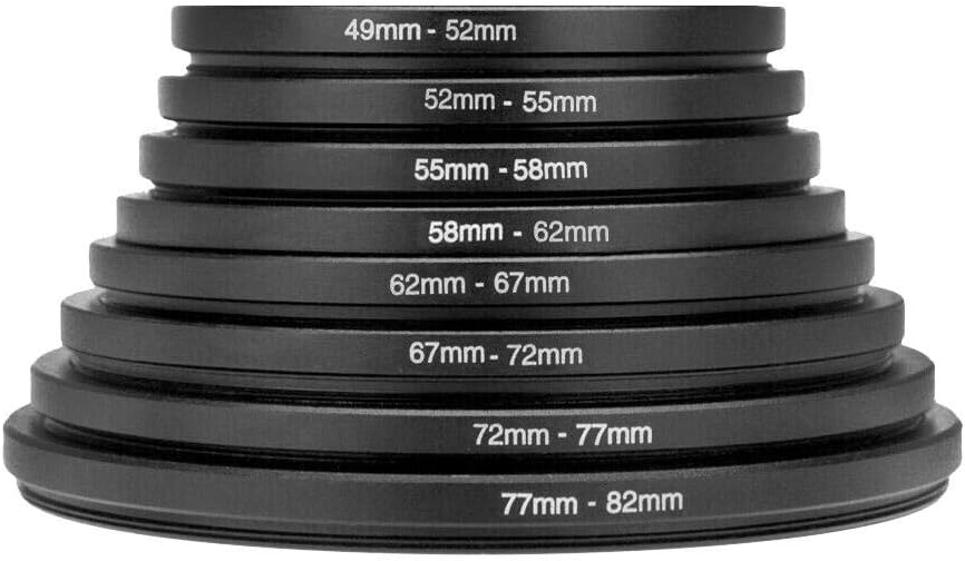 Adaptador de anillo de filtro de lente Anillo ascendente de filtro de 8 piezas, adaptador de filtro de lente universal 49 mm-52 mm, 52 mm-55 mm, 55 mm-58,58 mm-62 mm, 62 mm-67 mm, 67 mm-72 mm, 72 mm-7