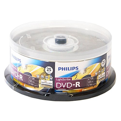 Philips Lightscribe Blank Media Disc DVD-R 16X Speed / 4.7GB / 120min - 25 piezas por paquete.