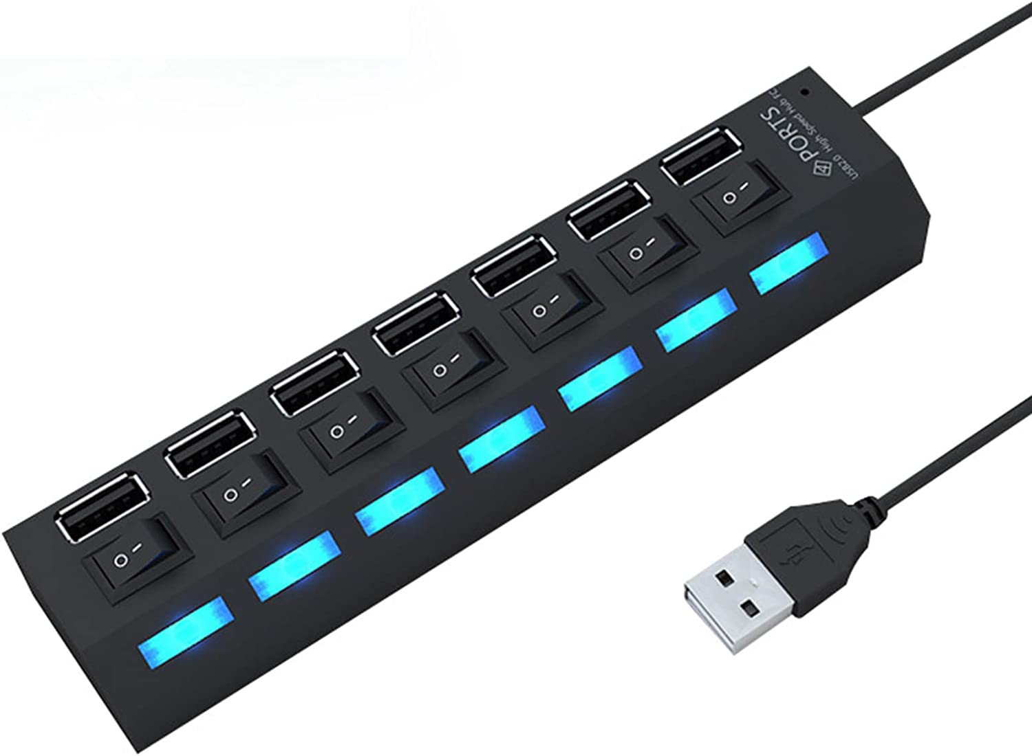 Divisor USB múltiple puerto USB 2.0, 7 puertos con interruptor independiente de encendido/apagado e indicadores LED, puerto USB A, puerto de datos, adecuado para PC, teclado de computadora, laptop, disco duro móvil, cámara de unidad flash, etc