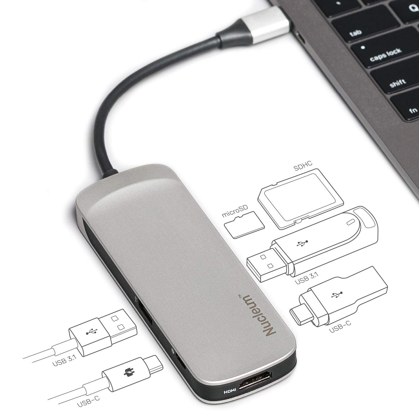 Kingston Nucleum USB C Hub, adaptador tipo C Conecte USB 3.0, HDMI, SD / microSD, Power Pass Through para MacBook Pro y otros dispositivos con puerto USB tipo C