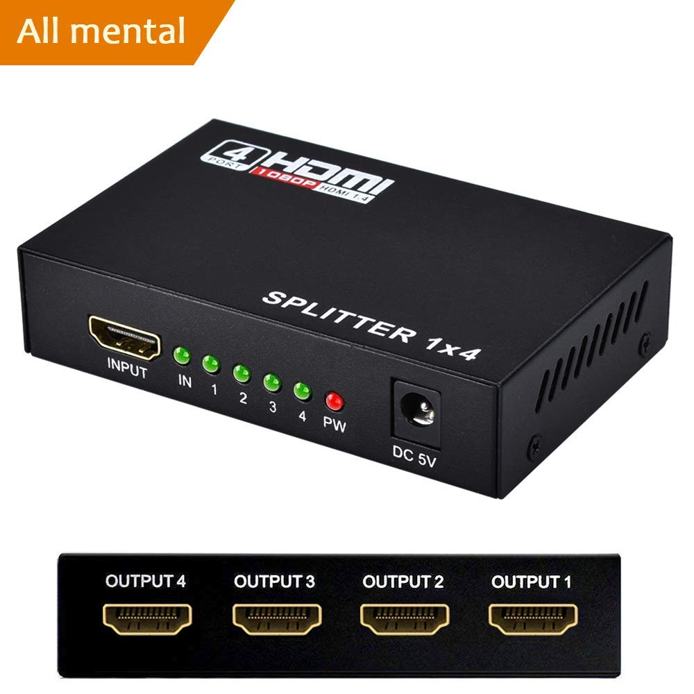 Splitter HDMI, puertos GOXMGO 1X4 Potenciado V1.4b Video 1 en 4 Salida Convertidor Full Ultra HD 1080P 4K / 2K Resoluciones 3D (1 entrada a 4 salidas)