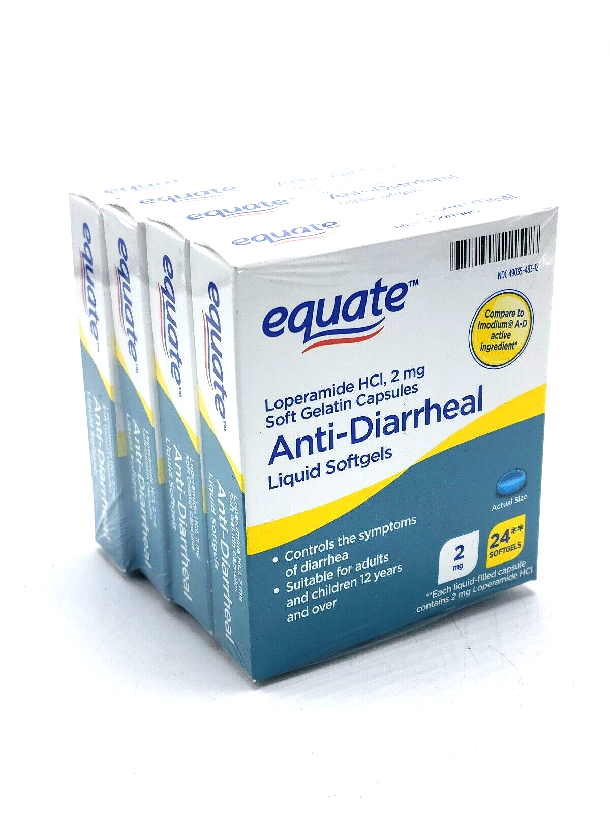 Paquete de 4 Equate Antidiarreico 2 mg 24 Cápsulas Blandas Cada Exp 07/2024 Bulk