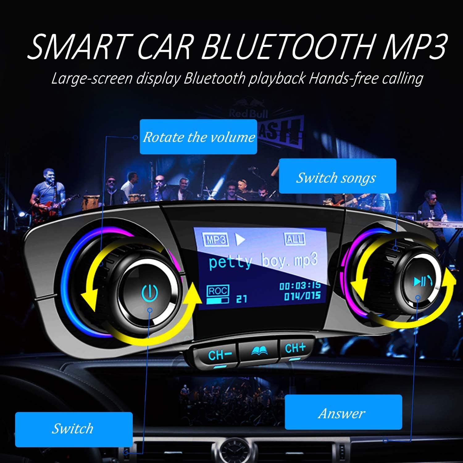 Bluetooth FM Transmitter Car MP3 Player Hands-Free Car Kit Wireless Radio Audio Adapter with Dual USB 5V 2.1A USB Port, U Disk, TF Card, Folder Playback, AUX Input Output, Voice Navigation