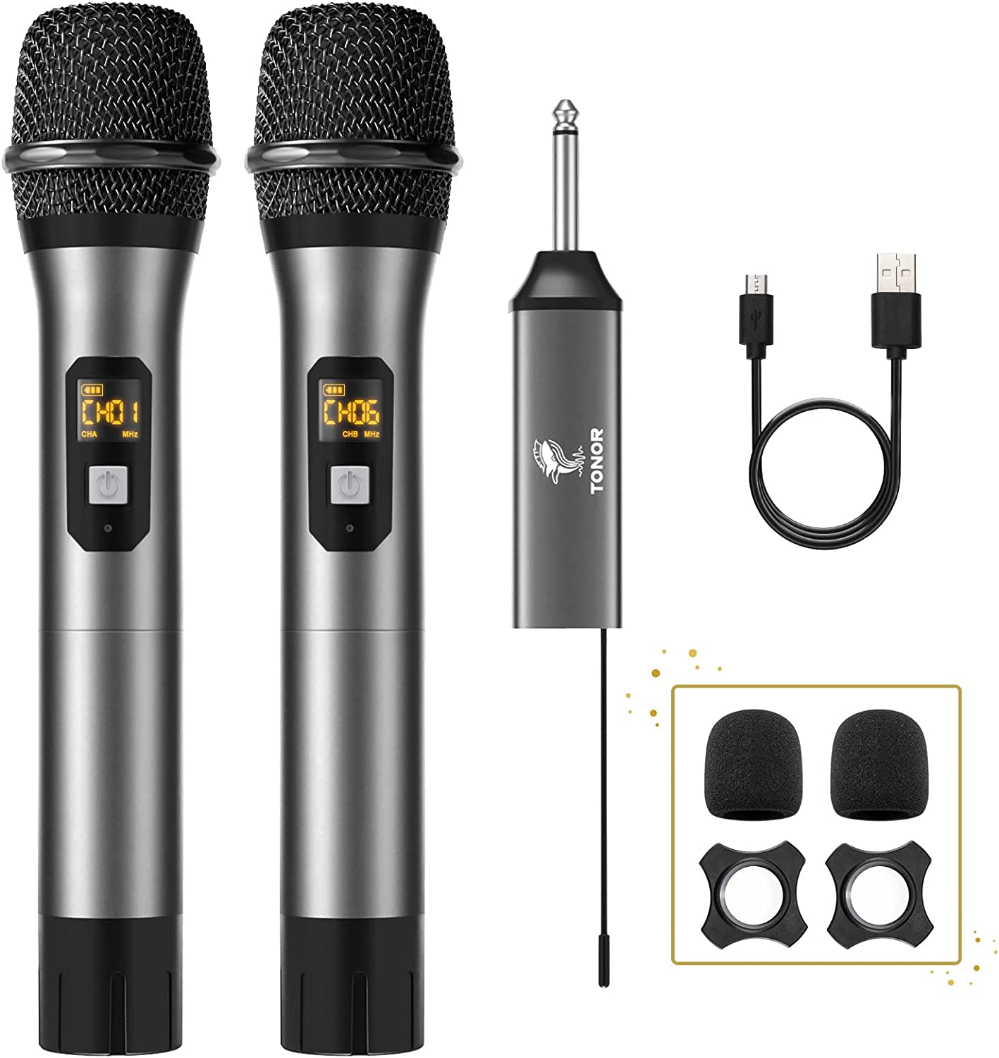 TONOR Wireless Microphone, UHF Dual Cordless Metal Dynamic Mic System with Rechargeable Receiver, for Karaoke Singing, Wedding, DJ, Party, Speech, Church, Class Use, 200ft (TW-630).
