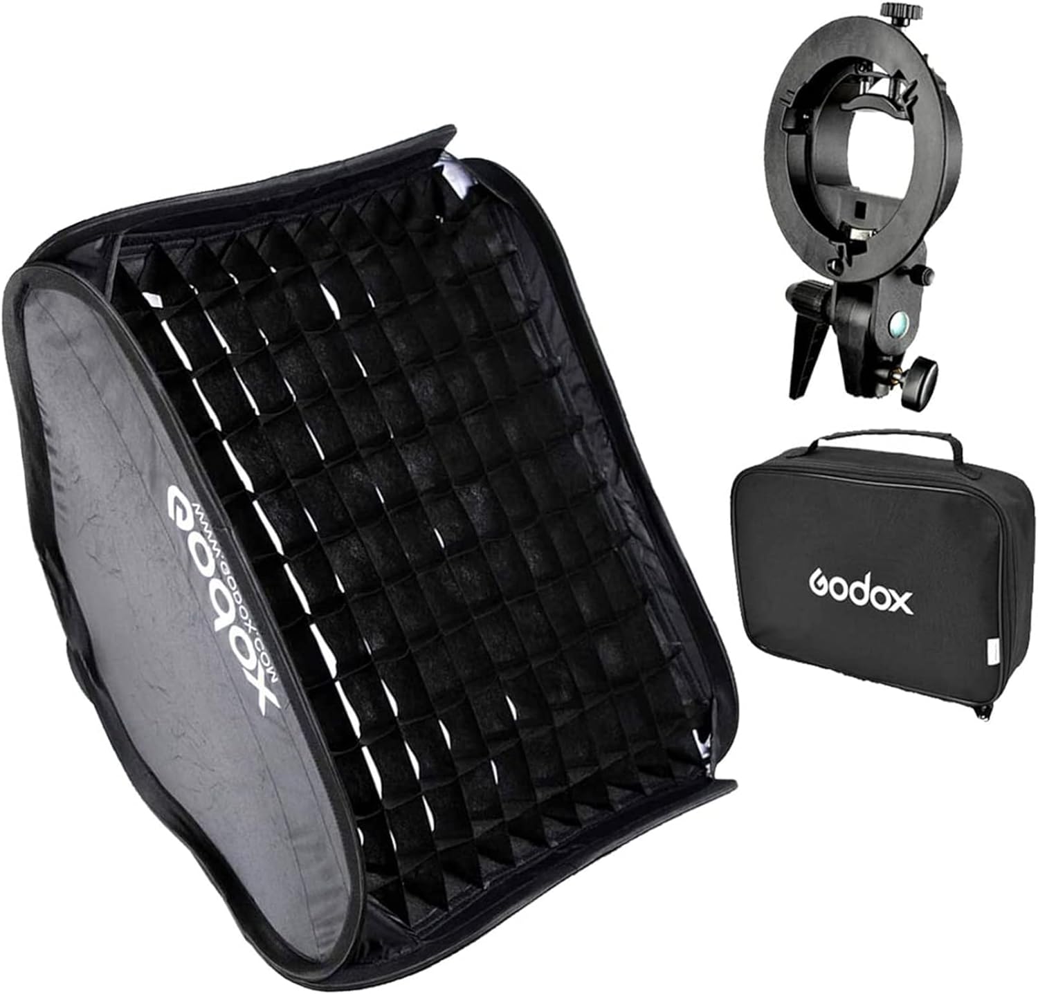 Godox S Type Bracket Bowens Holder S Mount Holder with Foldable 80x80cm /32x32 inches Softbox and Honeycomb Grid & Bag Kit for Flash Camera Studio Photography F-S-80cm+WG-KIT
