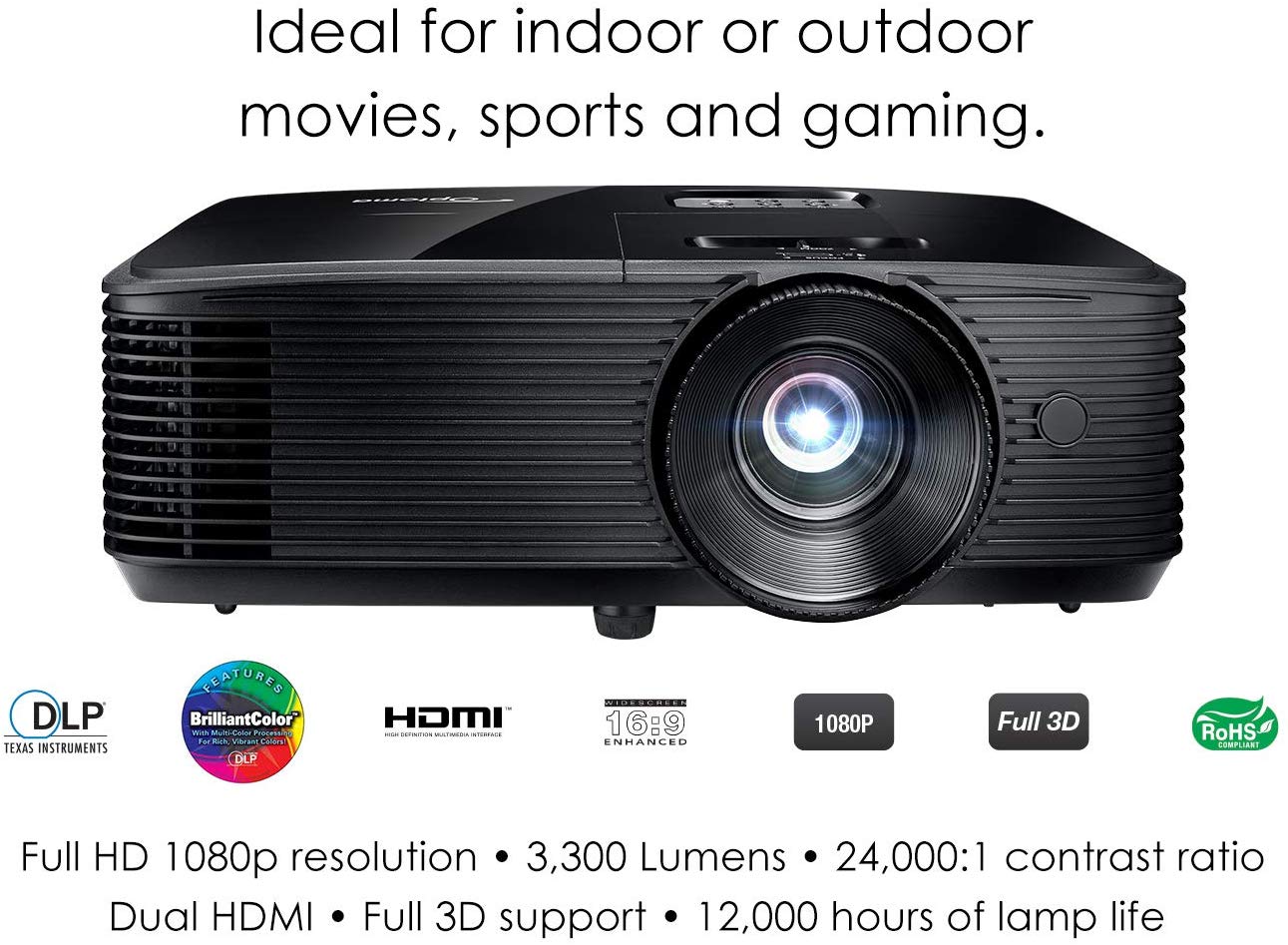 Optoma HD243X 1080p Projector for Movies and Gaming, Super Bright 3300 Lumens, Long 12000h Lamp Life, 3D Support, Easy Setup with Zoom and Keystone Adjustment