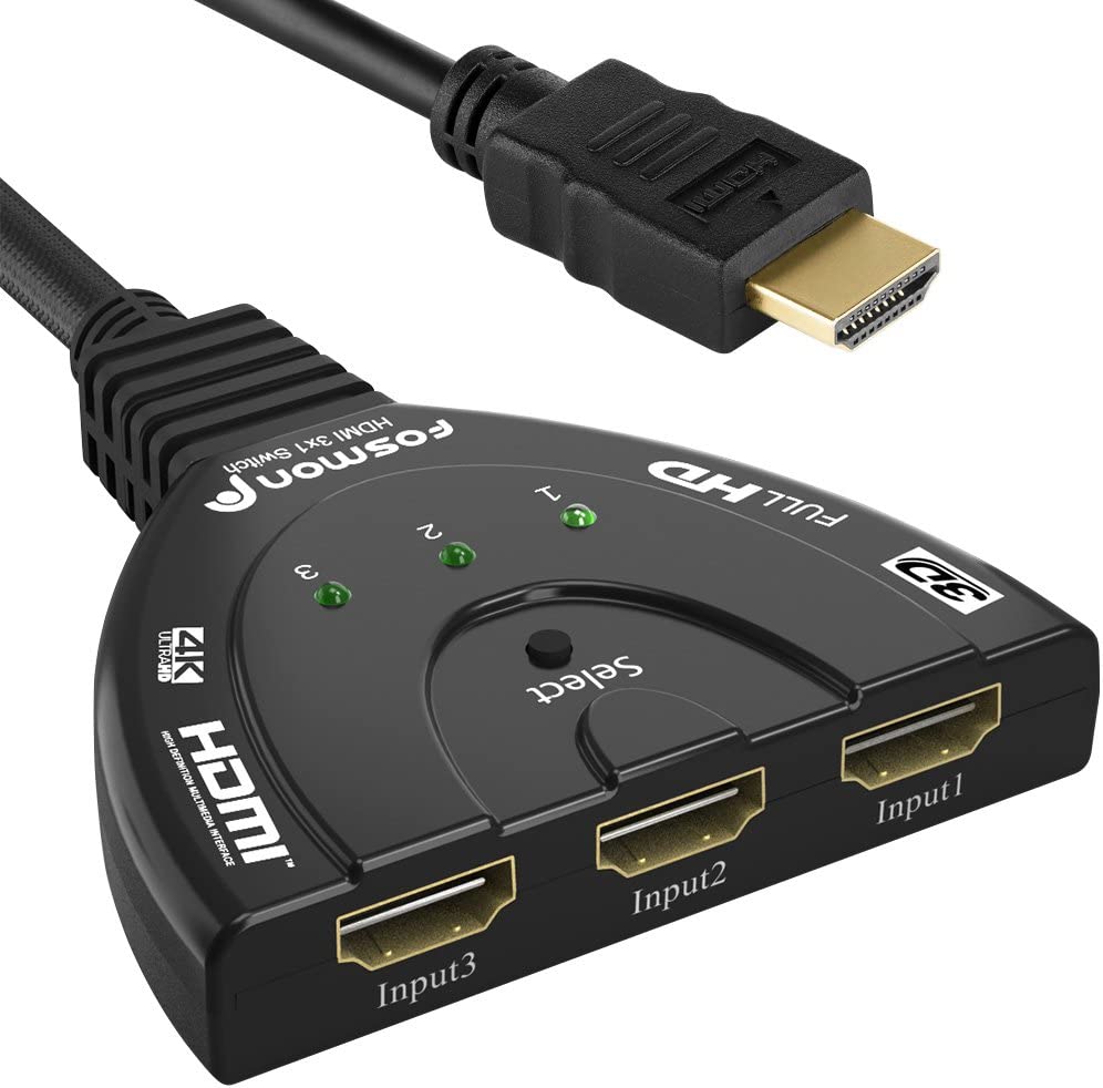 Fosmon HD8061 3-Port High Speed HDMI Switch Splitter with Pigtail Cable, 3 In 1 Out, Supports 4K Full HD 1080p 3D
