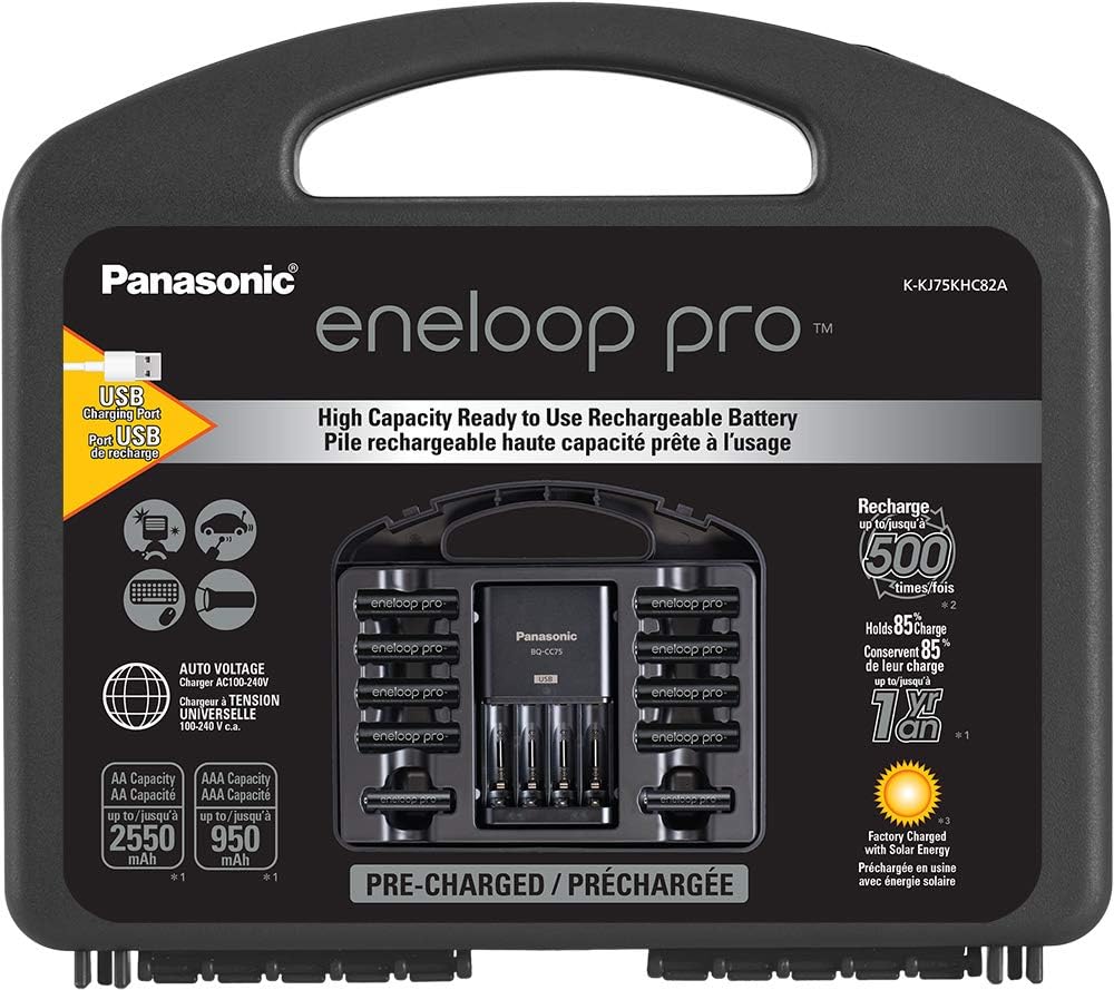 Eneloop Panasonic K-KJ75KHC82A Pro - Batería Recargable de Alta Capacidad 8AA, 2AAA, Cargador de batería avanzado con Puerto de Carga USB y Estuche de Almacenamiento de plástico