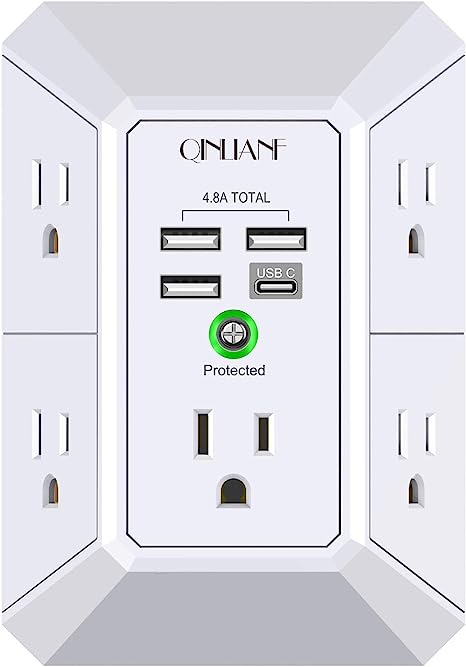 QINLIANF - Cargador de pared USB, protector de sobretensión, extensor de 5 tomas de corriente con 4 puertos de carga USB (4.8 A en total), regleta de alimentación de 3 lados de 1680 J, adaptador de pared para el hogar, viajes, oficina (3U1C)
