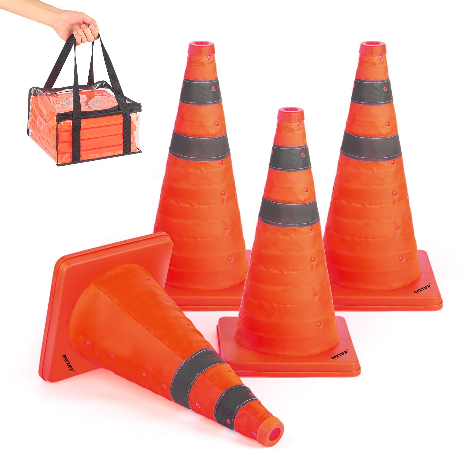 BATTIFE [PAQUETE DE 4] CONOS PLEGABLES DE SEGURIDAD DE TRÁFICO DE 18 PULGADAS, CONOS NARANJAS, CONOS EMERGENTES MULTIUSOS CON CUELLO REFLECTANTE, PARA ESTACIONAMIENTO EN CARRETERA, PRÁCTICA DE