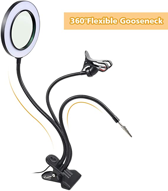 Lupa LED, luz de lupa de reparación con abrazadera de metal, luz regulable y 3 brazos flexibles de cuello de cisne