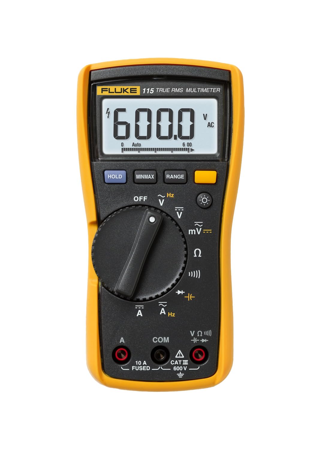 Fluke Multímetro digital 115, mide voltaje CA/CC a 600 V y corriente CA/CC a 10 A, mide resistencia, continuidad, frecuencia y capacitancia, incluye funda y cable de prueba de silicona