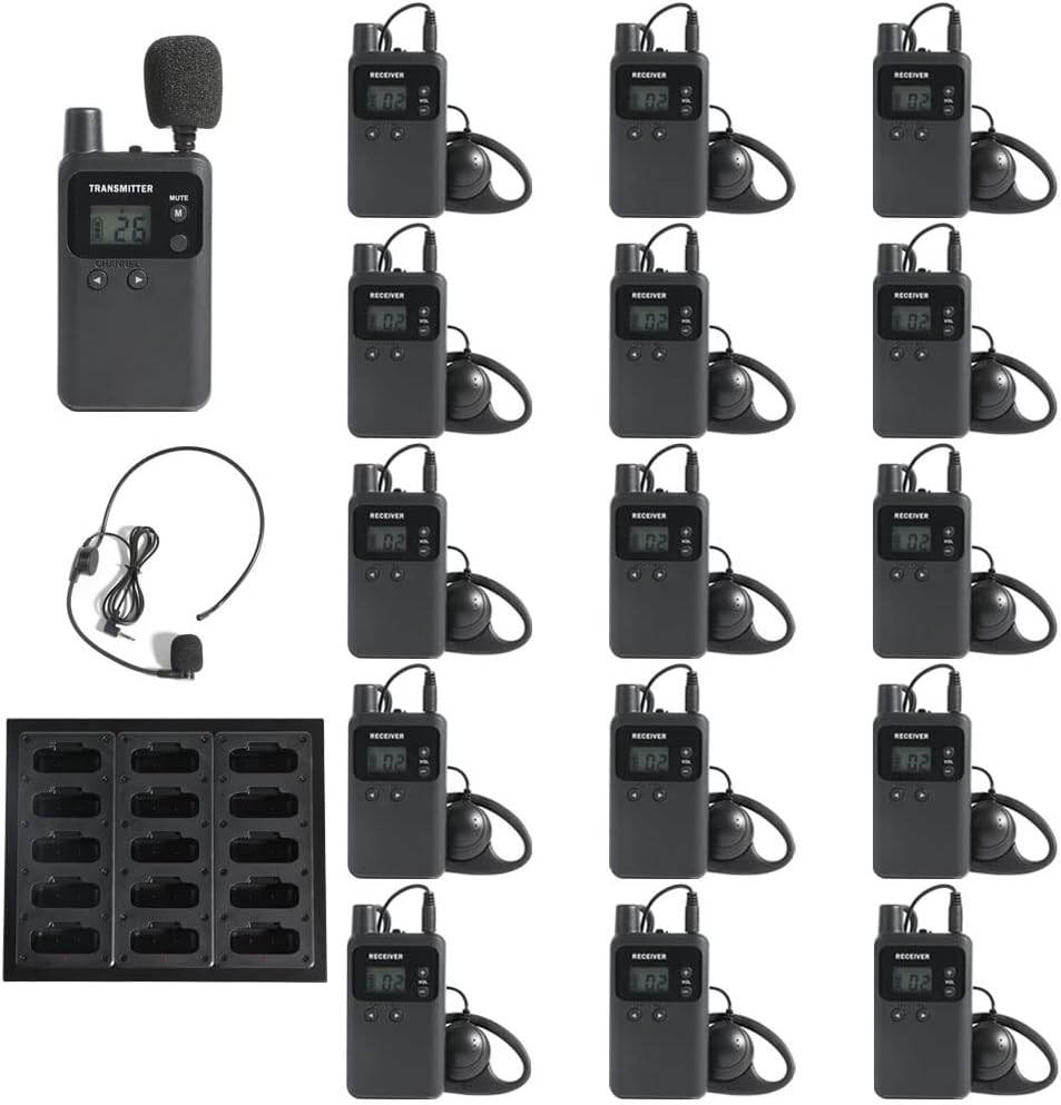 AGJ SISTEMA INALÁMBRICO DE GUÍA TURÍSTICO, MICRÓFONO Y ALTAVOZ DE GUÍA TURÍSTICO, AURICULARES DE GUÍA TURÍSTICO, 1 TRANSMISOR, 15 RECEPTORES, 1 CARGADOR DE CORTE, SISTEMA DE TRADUCCIÓN DE IGLESIA