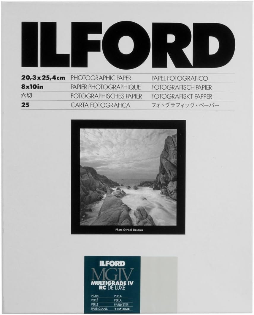 ILFORD MULTIGRADE IV RC DELUXE - PAPEL AMPLIADOR DE CONTRASTE VARIABLE VC EN BLANCO Y NEGRO - 8 X 10 PULGADAS - 25 HOJAS - SUPERFICIE PERLA