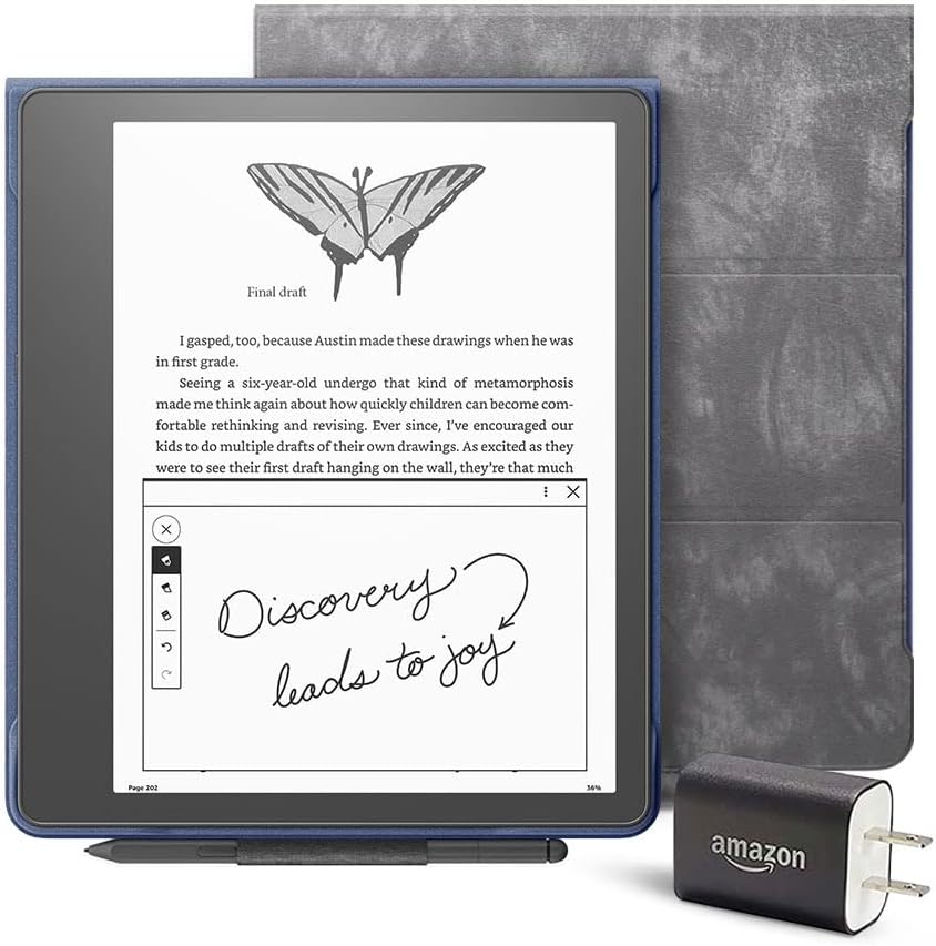Paquete de elementos esenciales para Kindle Scribe, incluye Kindle Scribe (64 GB), lápiz prémium, funda de folio de cuero prémium (tungsteno) y adaptador de corriente