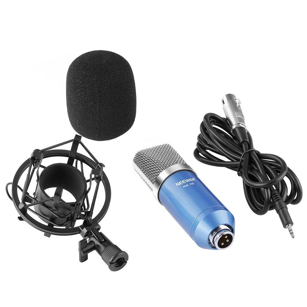 Neewer® NW-700 Professional Studio Broadcasting & Recording Condenser Microphone Set Including: (1)NW-700 Condenser Microphone + (1)Metal Microphone Shock Mount + (1)Ball-type Anti-wind Foam Cap + (1)Microphone Audio Cable (Blue)