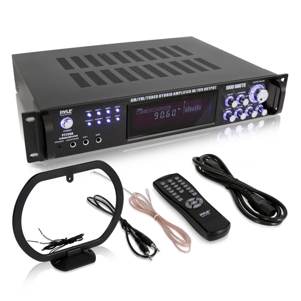 AMPLIFICADOR DE POTENCIA DE AUDIO PARA EL HOGAR PYLE DE 4 CANALES CON SALIDA DE 70V- RECEPTOR ESTEREO DE MONTAJE DE RACK DE 1000V CON SINTONIZADOR DE FM-AM, AURICULARES, ENTRADA DE MICROFONO PARA KARAOKE, IDEAL PARA USO COMERCIAL DE ENTRETENIMIENTO- PT720A