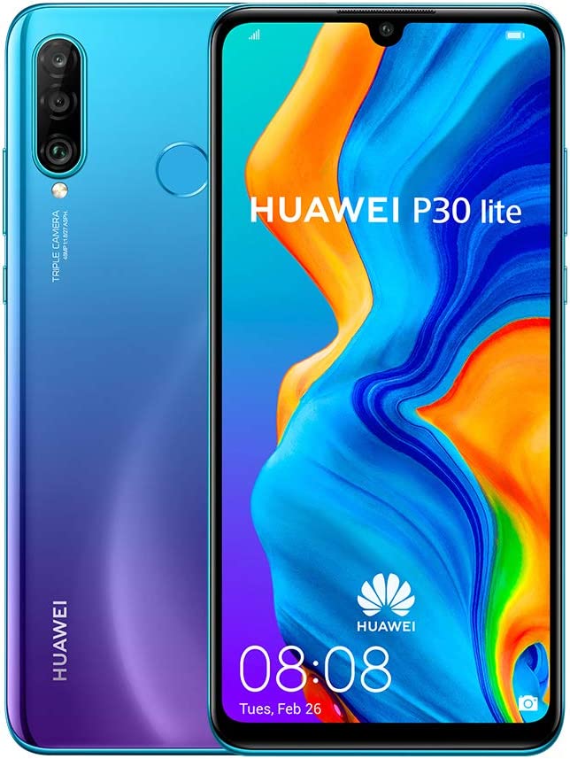 Huawei P30 Lite (128 GB, 4 GB RAM) pantalla de 6.2 pulgadas, cámara triple AI, teléfono desbloqueado de fábrica GSM global de doble SIM, color azul pavo real