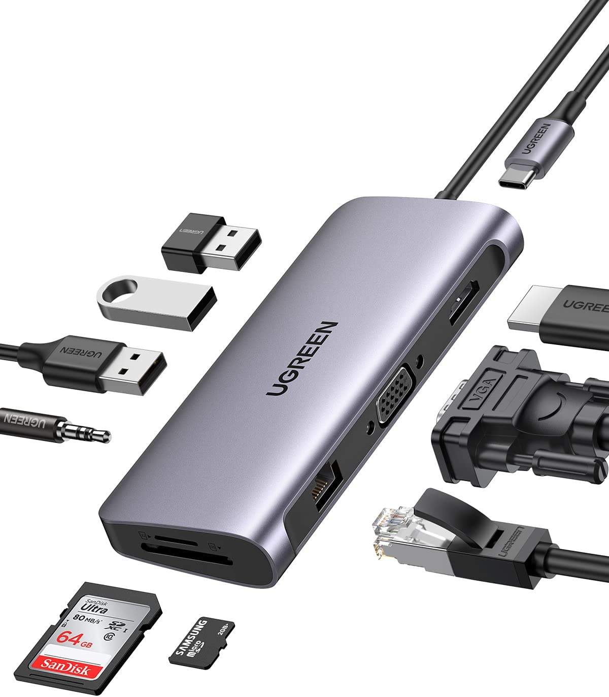 UGREEN Hub USB C, 10 en 1 USB C Hub Adaptador a HDMI 4K@30Hz, 1000Mbps Gigabit Ethernet, VGA, 3* USB 3.0, Lector Tarjeta SD TF, 3.5mm Audio Jack y 100W Power Delivery para Macbook Pro/Air, iPad Pro