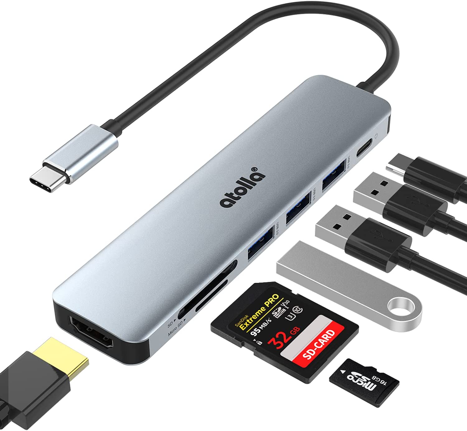 atolla USB C HUB, 7 en 1 Adaptador USB C a HDMI 4K, 100W PD Carga, 3 x USB 3.0, Lector de Tarjetas SD/Micro SD, Compatible con MacBook Pro (Thunderbolt 3), XPS y Más Dispositivos Tipo C