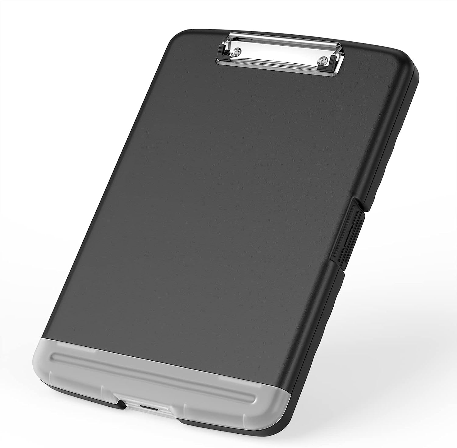 Rimilak Portapapeles de plástico con almacenamiento, portapapeles de lactancia de alta capacidad con soporte para bolígrafo, caja de almacenamiento delgada con clips resistentes, carpeta de portapapapeles con apertura lateral, color negro