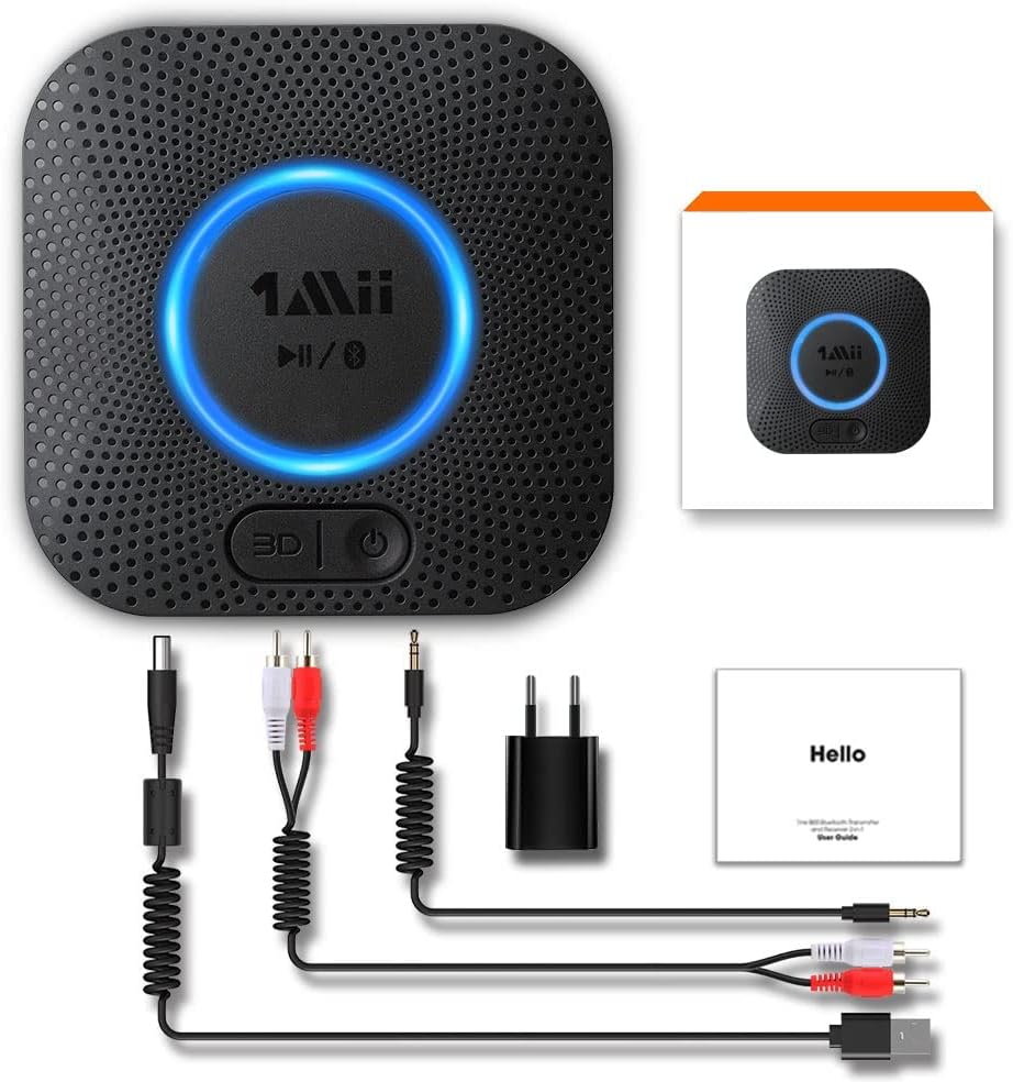 1Mii Receptor Bluetooth 5.1 HiFi, Adaptador Audio Bluetooth Inalámbrico para Bocina con Salida RCA y AUX 3.5mm Jack, 3D Surround aptX Baja Latencia para Estéreo, Amplificador, Largo Alcance