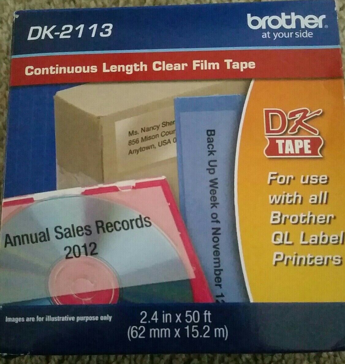 Brother DK-2113 Continuous Length Black on Clear Film Tape for all QL printers.