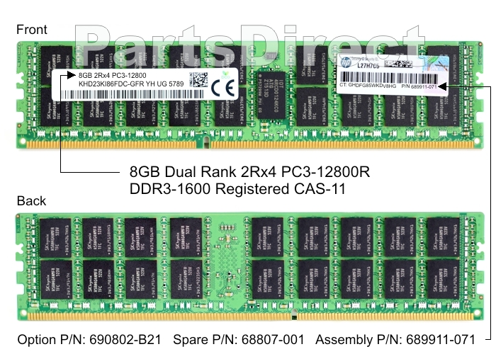 HP 8GB (1x8GB) Dual Rank x4 PC3-12800R  (DDR3-1600) Registered CAS-11 Memory Kit