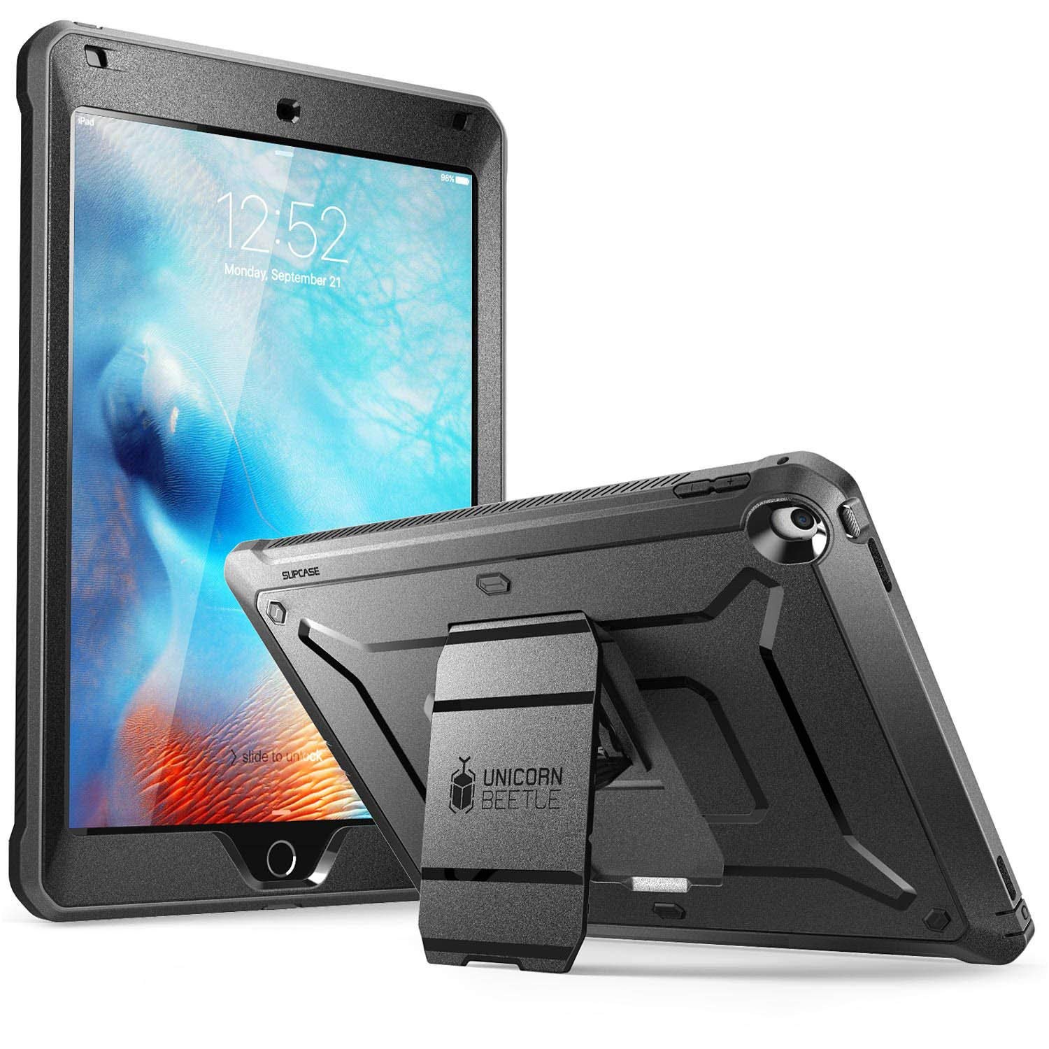 SUPERCASE IPAD 9.7 2017 CASE (HEAVY DUTY) UNICORN BEETLE PRO SERIES FUNDA PROTECTORA RESISTENTE DE CUERPO ENTERO CON PROTECTOR DE PANTALLA INCORPORADO Y DOBLE CAPA DISENADO POR APLLE IPAD 9.7 PULGADAS 2017 (NEGRO/NEGRO)