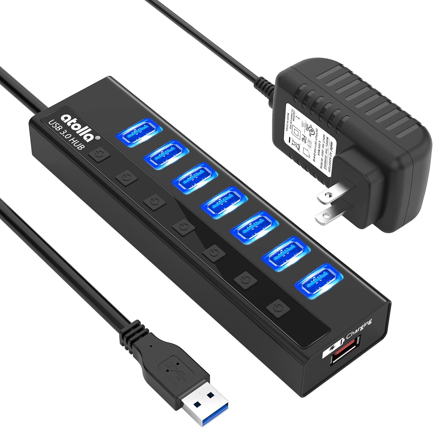 Atolla Hub USB 3.0, 7 puertos USB Data Hub Splitter Plus 1 puerto de carga inteligente USB extensión incluyendo interruptores individuales y adaptador de corriente 5V/4A