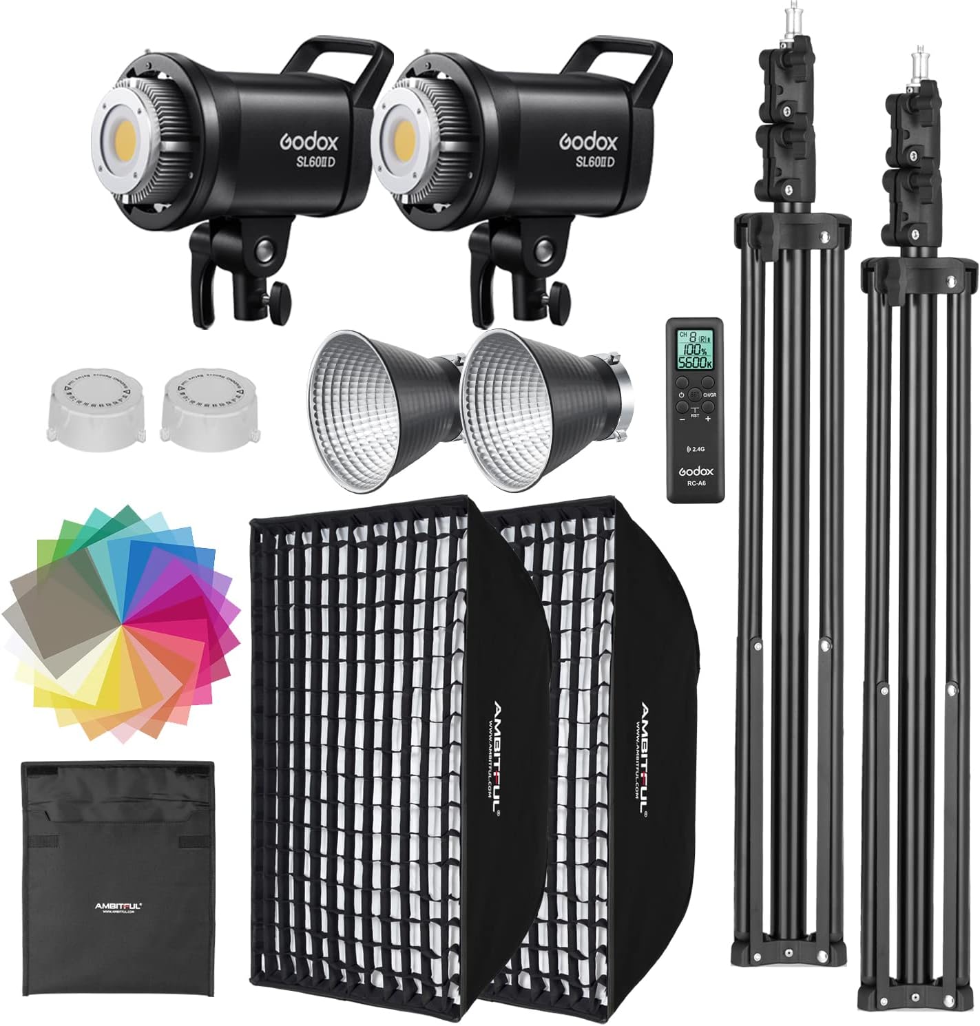 GODOX SL60II-D - JUEGO DE 2 LUCES DE VIDEO LED, CAJA DE LUZ CONTINUA, SOPORTE DE LUZ, CONTROL REMOTO Y REJILLA DE PANAL PARA GRABACIÓN DE VIDEO DE ESTUDIO, FILMACIÓN, PODCAST (2 PIEZAS)