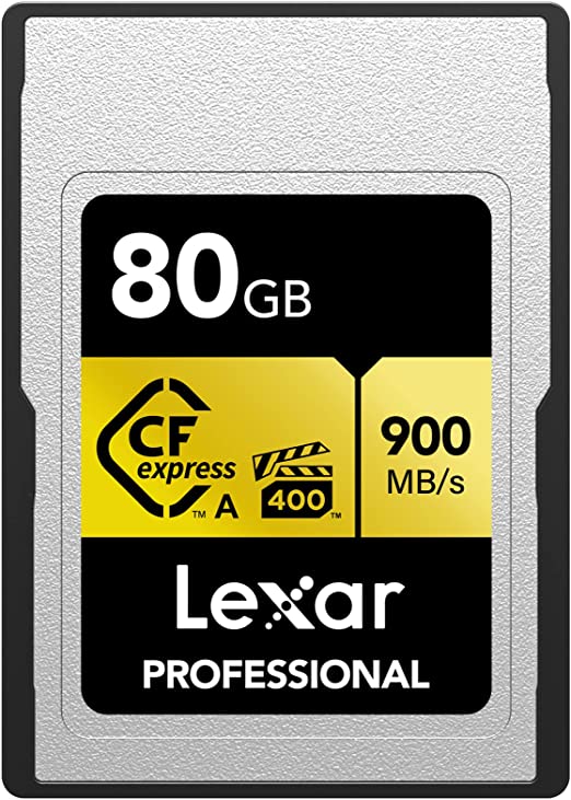 Lexar Tarjeta de Memoria Profesional CFexpress Tipo A Gold Series de 80 GB, hasta 900 MB/s de Lectura, Video 8K de Calidad cinematográfica, VPG 400 (LCAGOLD080G-RNENG)