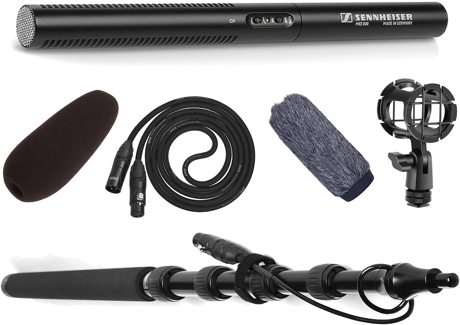 Sennheiser MKE 600 - Kit Completo de micrófono para Video, Cine y difusión con boompole LyxPro, Montaje para Parabrisas