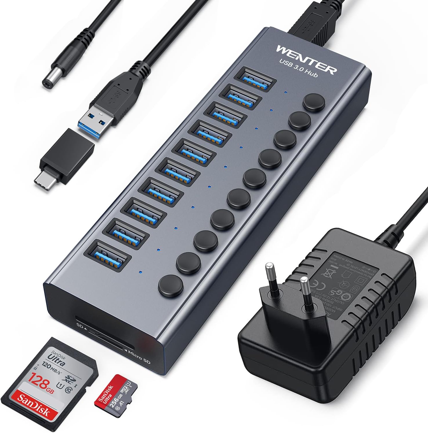WENTER HUB USB 3.0 CON ALIMENTACIÓN, 10 PUERTOS 36 W, DIVISOR USB DE ALUMINIO CON INTERRUPTORES INDIVIDUALES DE ENCENDIDO/APAGADO, LECTORES DE TARJETAS SD/TF Y ADAPTADOR DE CORRIENTE DE 12 V/3 A