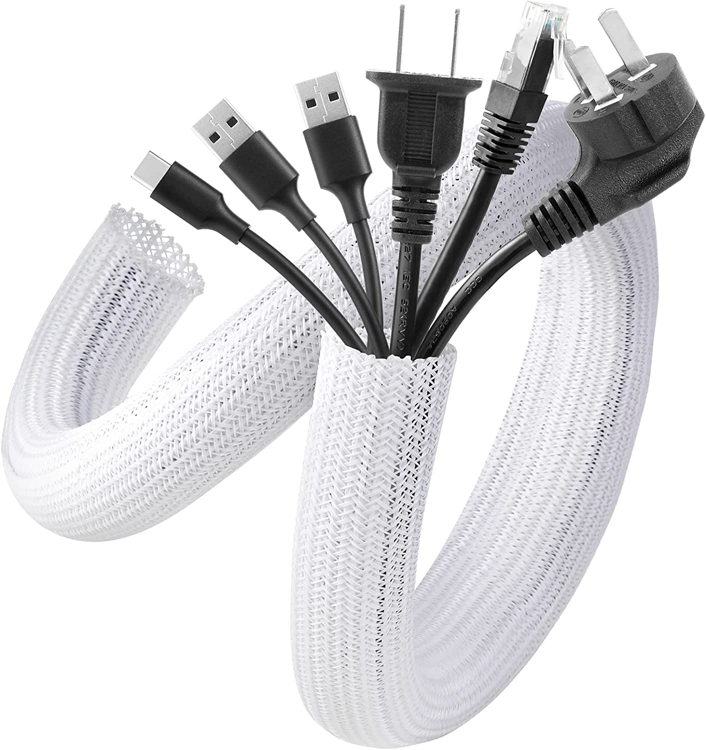 AGPTEK - Funda de cable blanca, paquete de 2 unidades de 5 pies a 1.2 pulgadas, sistema de gestión de cables para escritorio, PC, TV, computadora, proyector de computadora, protección y organización, hogar, teatro y oficina, color blanco