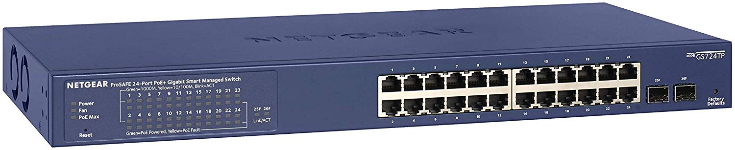 Netgear GS724TP - Conmutador PoE de 24 puertos Gigabit Ethernet (GS724TP) con 24 PoE+ @ 190 W, 2 x 1G SFP