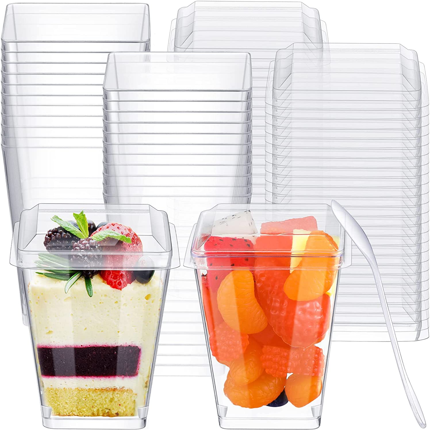 Tazas cuadradas de plástico transparente para postre con tapas y cucharas, tazas de aperitivos de parfait para degustar fiestas, postres, aperitivos, frutas, parfait y mousse (200 unidades, 4.5 onzas)