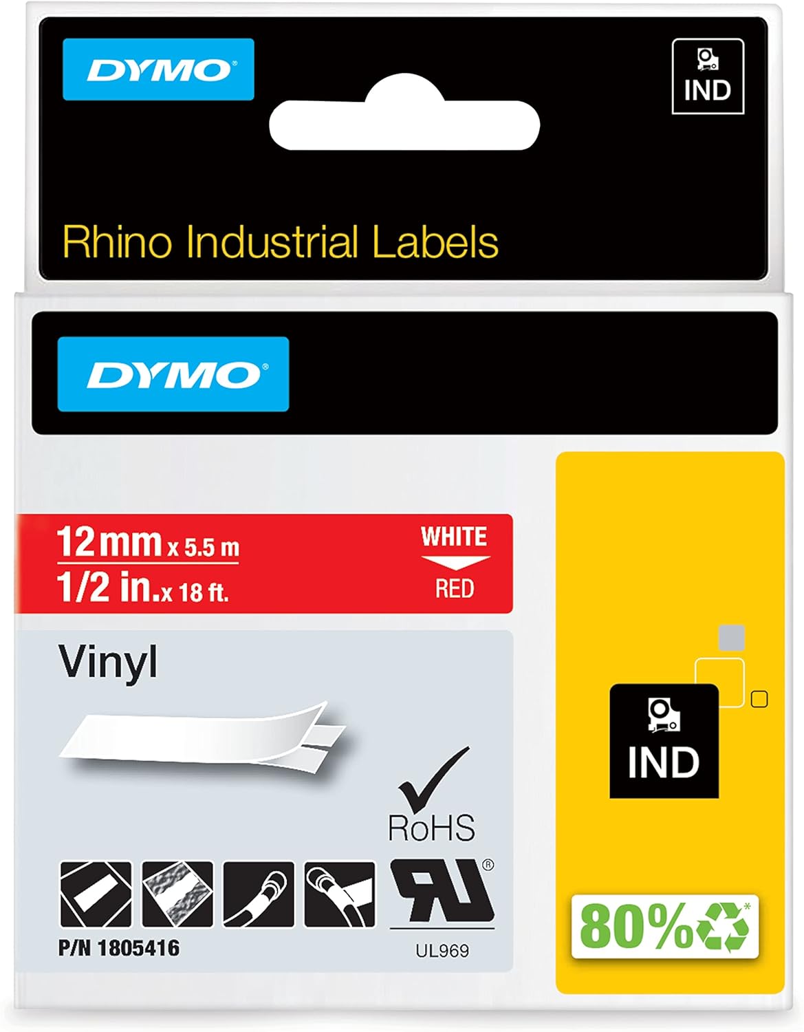 Dymo M1805416 Etiqueta Rhino 1/2" Vinilo 12mm, rojo