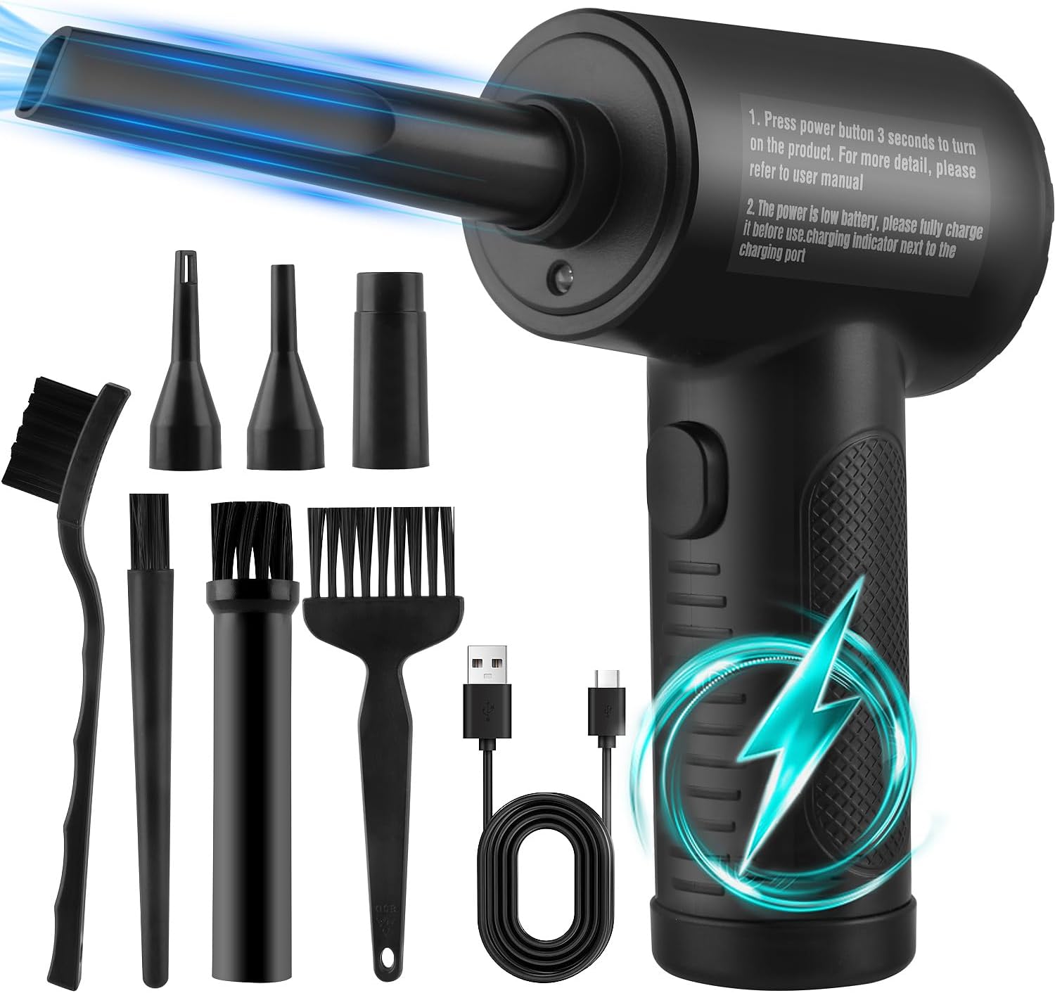 SOPLADOR DE AIRE ELÉCTRICO - PISTOLA DE AIRE COMPRIMIDO -  3 VELOCIDADES 51000RPM - BATERÍA DE 6000MAH - PLUMERO DE AIRE COMPRIMIDO - LIMPIADOR DE TECLADO PARA PC Y AUTOMÓVILES (Negro)