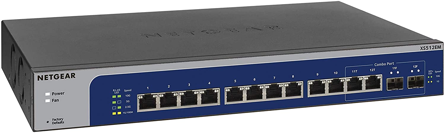 NETGEAR 12 puertos 10G Multi-Gigabit Plus Switch (XS512EM) - Gestionado, con 2 x 10G SFP+, montaje en rack o escritorio y protección limitada de por vida