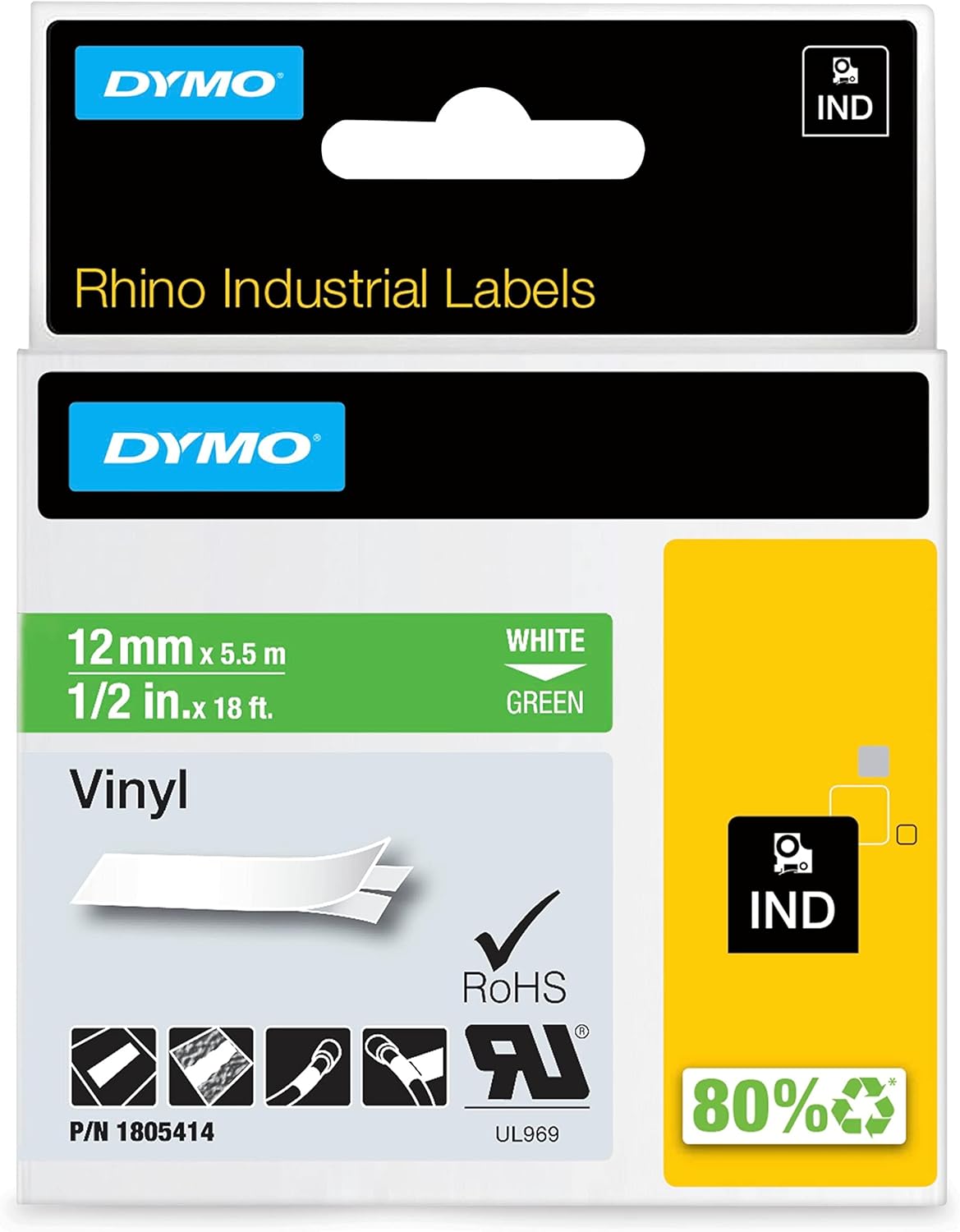 DYMO Industrial Labels for DYMO Industrial Rhino Label Makers, White on Green, 1/2", 1 Roll (1805414), DYMO Authentic