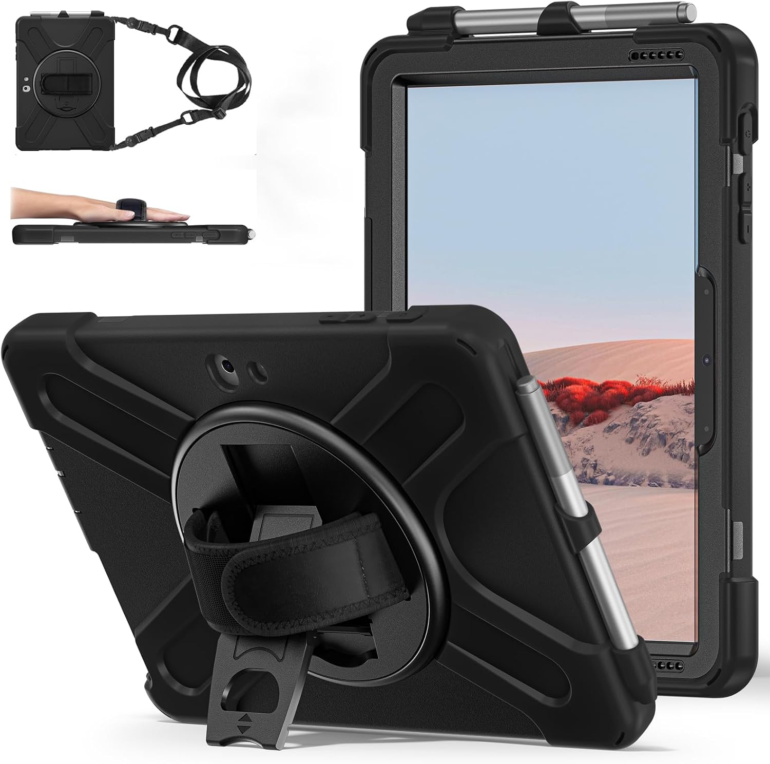 ZENRICH FUNDA PARA SURFACE GO 4 / GO 3 / GO 2 / GO DE 10.5 PULGADAS, CARCASA RESISTENTE A TERREMOTOS Y DURADERA PESADA, CON SOPORTE GIRATORIO, PORTAPLUMAS PORTÁTILES Y CORREAS PARA HOMBROS - NEGRO