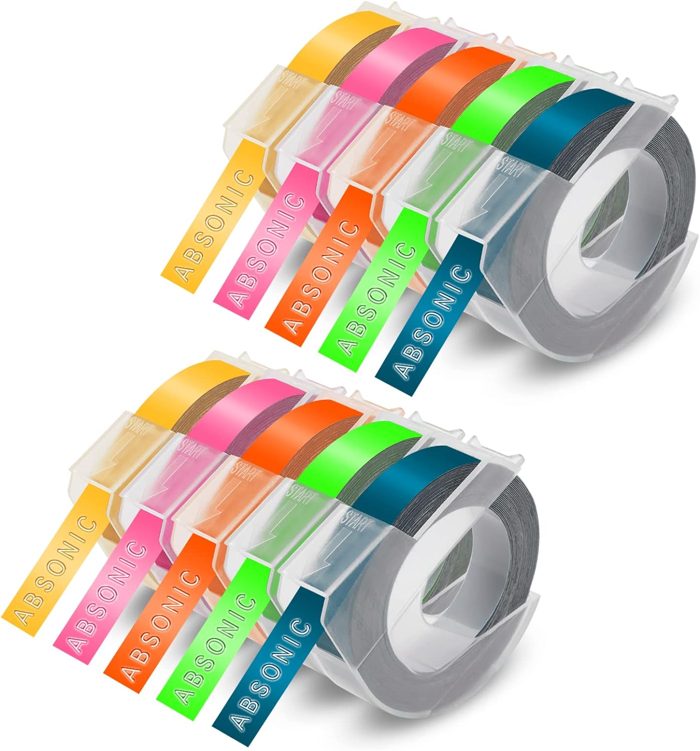 Absonic - Paquete de 10 cintas para etiquetar 3D compatibles con Dymo repuestos de cinta de etiquetas de 3/8 pulgadas 9 mm para organizador Xpress Pro 12966 Office Mate II 1540, verde fluorescente/rosa/naranja/azul lago, amarillo
