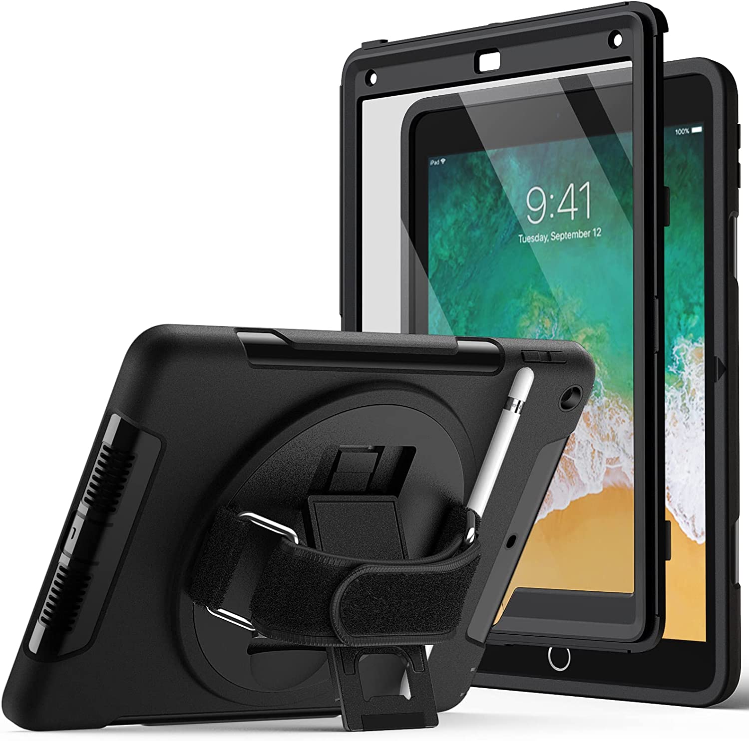 JETech Funda para iPad 9,7 Pulgadas (6.ª/5.ª Generación, 2018/2017) con Incorporada Protector Pantalla, Rugosa Antigolpes Carcasa, Soporte Giratorio 360 Grados con Correa Mano (Negro)