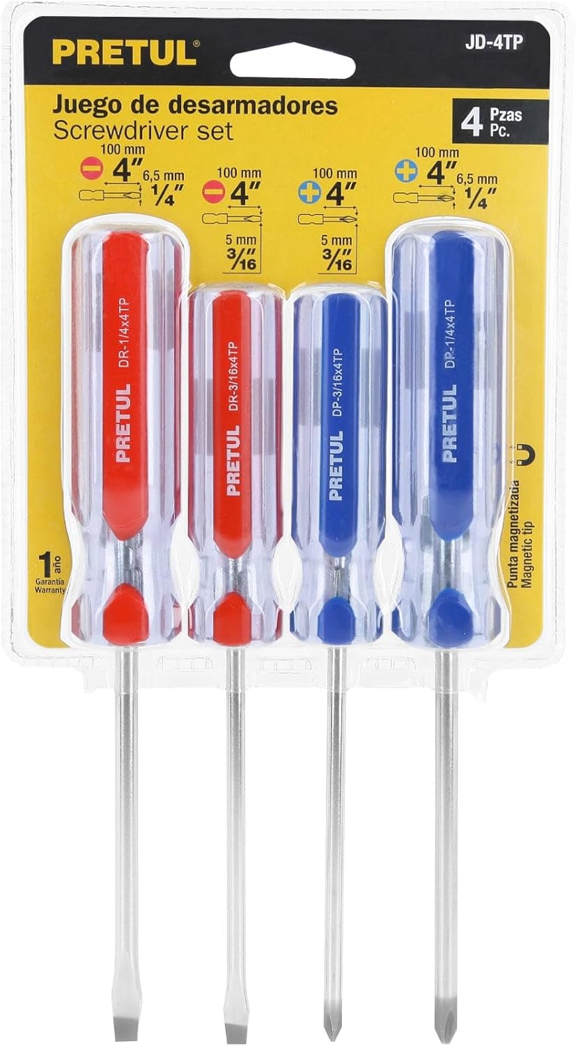 PRETUL JD-4TP, JUEGO DE 4 DESARMADORES, MANGO DE PVC