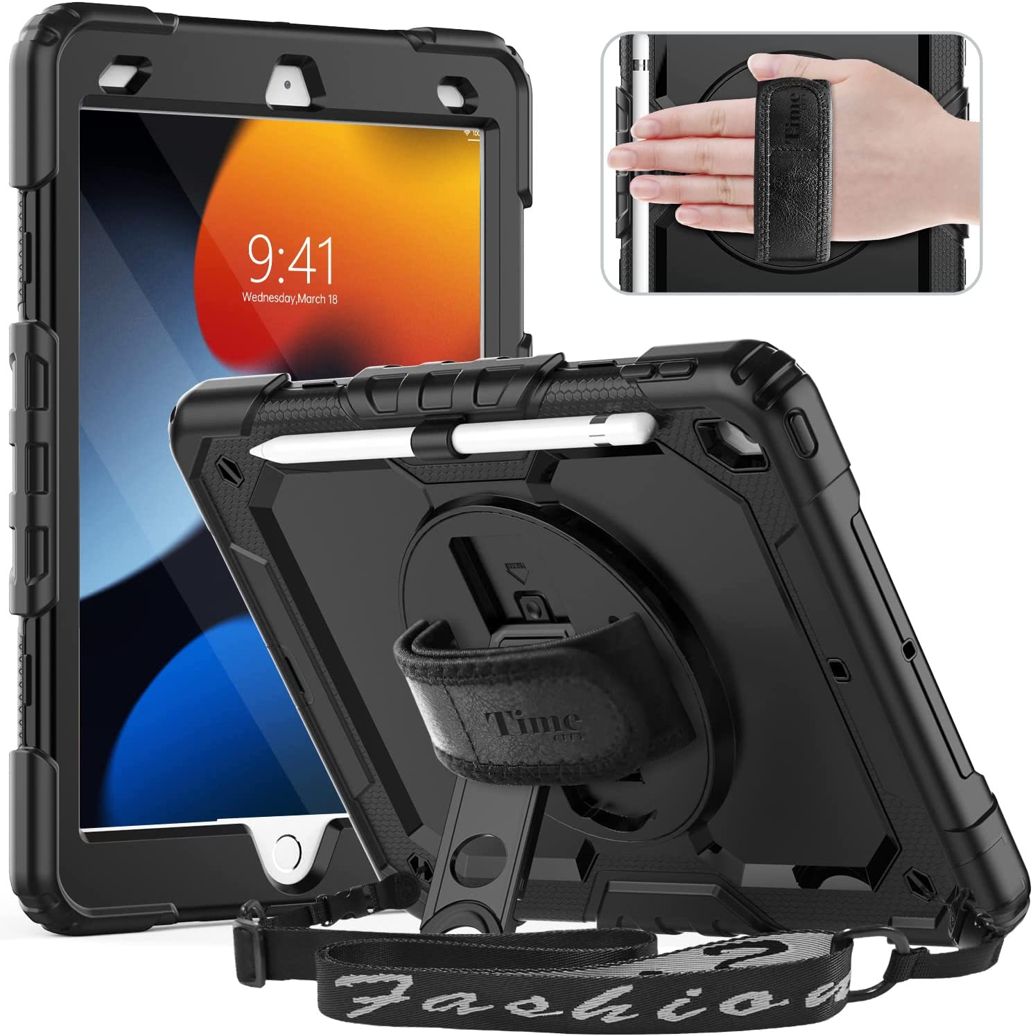 Timecity - Funda para iPad de 9ª/8ª/7ª generación, de 26 cm, versión 2021/2020/2019, con protector de pantalla, portalápices, soporte y correa para el hombro y mano. Funda protectora resistente para tablet, color negro